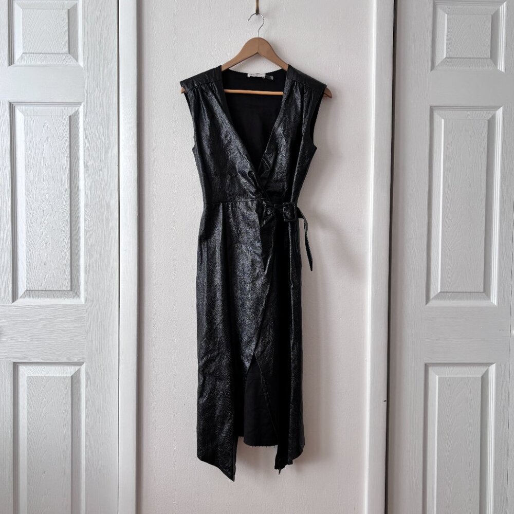 Ramy Brook Leah Black Faux Leather Wrap Midi Dress - Picture 4 of 9